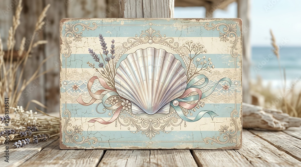 Retro coastal thematic placard featuring a delicate sea shell over a striped pattern surface with romantic details coastal marine ocean sea shell nautical retro vintage poster placard print stripe