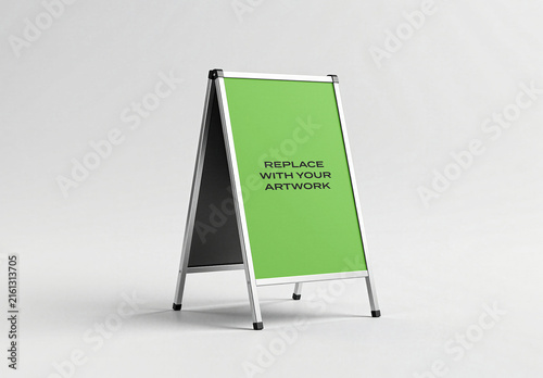 A-frame sign mockup with display panel and text placeholder, standing on a studio floor neutral background, Template, vertical signage for branding advertising presentation