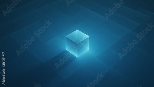 Glowing Transparent Blue Cube on Digital Geometric Surface