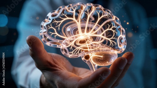 Obraz na płótnie Glowing Transparent Human Brain Hologram in Medical Expert Hands
