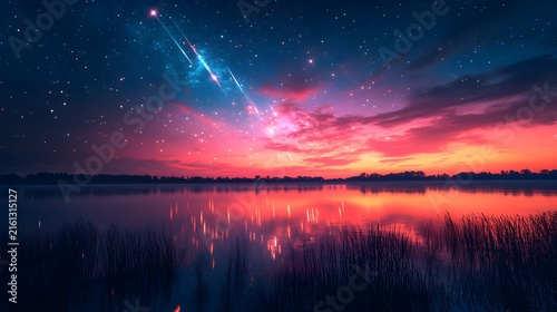 Close-up of Leonid meteor shower with vibrant meteors bursting across starry sky reflecting on calm lake surface creating magical cosmic spectacle perfect for astronomy or nature photography.