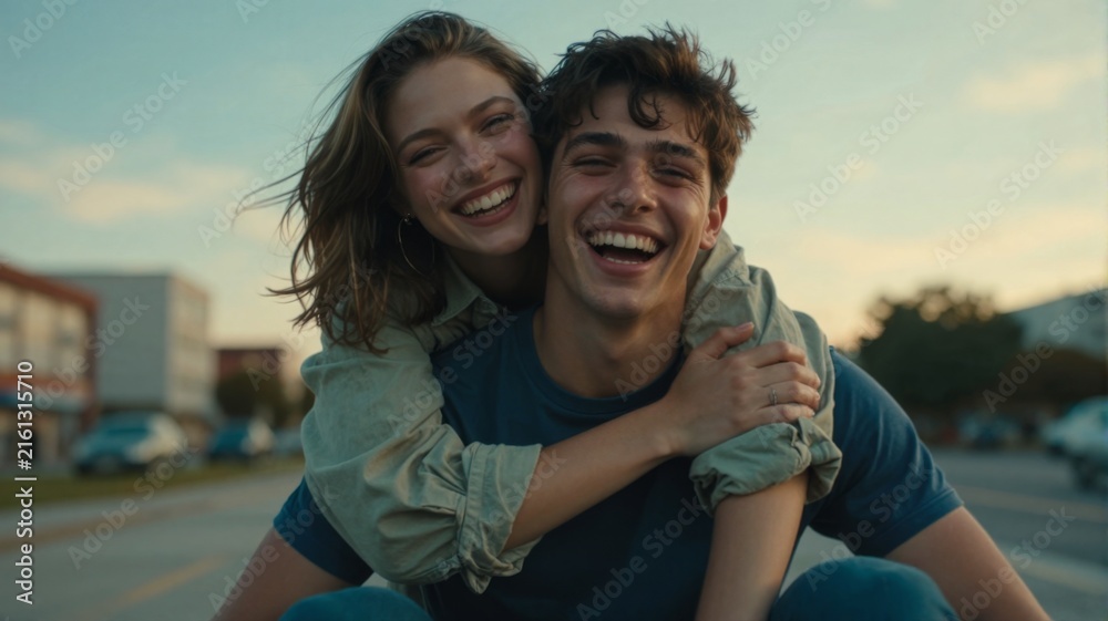 Obraz premium Happy young couple smiling and embracing outdoors at sunset