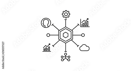 Centralized Data Hub with Connected Icons: Analytics, Cloud, People, Network, Gear