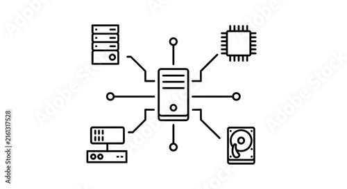 Central Server Connected to Computer Components: CPU, Hard Drive, Storage, and Monitor