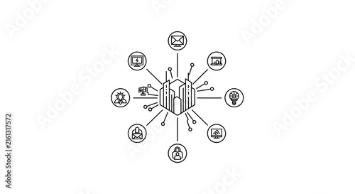 Centralized digital network connecting various business icons and concepts
