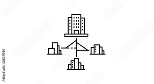 Centralized business network connecting multiple office buildings, corporate hub concept