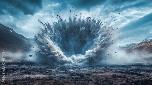 Dramatic meteorite impact creates massive crater with flying dust and debris under stormy sky. Epic natural disaster scene for science fiction or adventure projects.