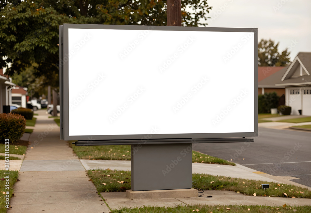 Fototapeta premium Blank billboard for advertising and marketing campaigns, empty street sign for promotion in a residential neighborhood