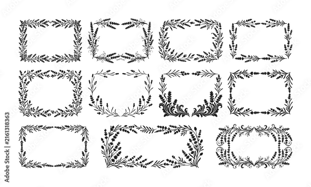 Fototapeta premium Hand Drawn Floral Frames Vector Set with Botanical Wreaths and Leafy Borders
