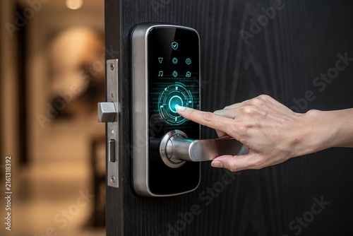 Biometric Smart Lock Access on Modern Front Door with Cyan Glow
