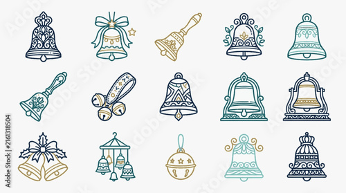 Set of 15 decorative bell icons featuring hand bells, church bells, and jingle bells with vintage line art patterns in blue and gold colors, suitable for holiday and festive designs.