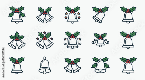Set of fifteen Christmas bell icons with green holly leaves and red berries in a flat vector style. Designs include single and double bells with stars and decorative swirls for holidays.