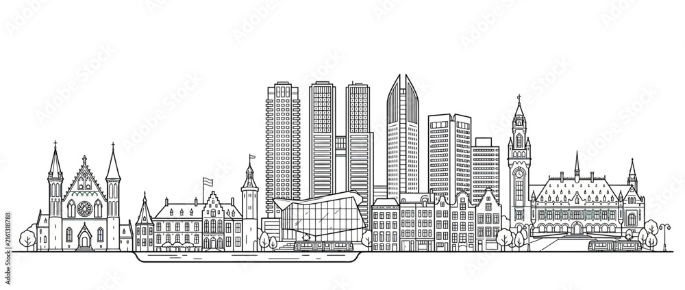 Naklejka premium City Skyline Outline Drawing Transparent Background