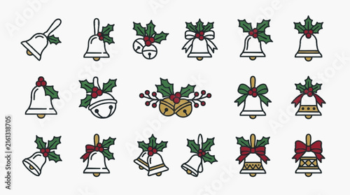 Set of 18 Christmas bell vector icons featuring green holly leaves, red berries, and decorative ribbons. Includes hand bells, sleigh bells, and jingle bells for holiday graphic design.