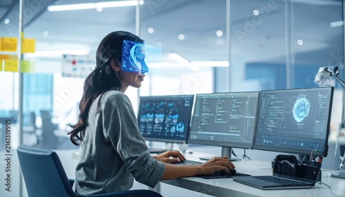 Futuristic Woman Working at Multi Screen Computer Desk with Holographic Headset