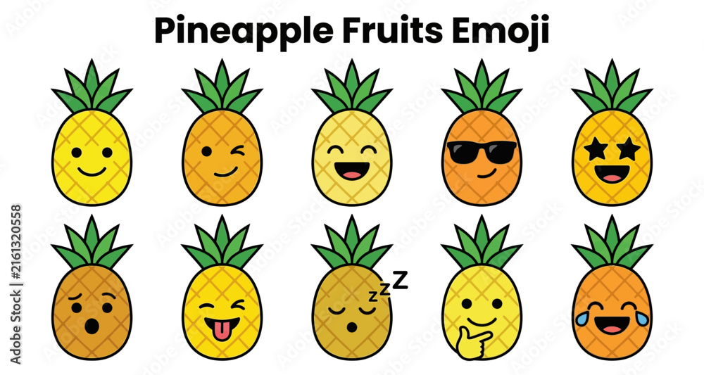 Fototapeta premium Pineapple fruits emoji set with various expressions and smiling faces featuring icon