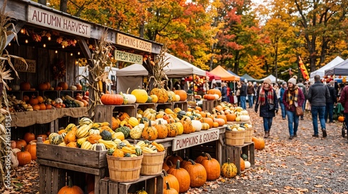People shopping at a colorful autumn harvest market with pumpkins and fresh produce displayed in wooden crates outdoors during a beautiful fall day