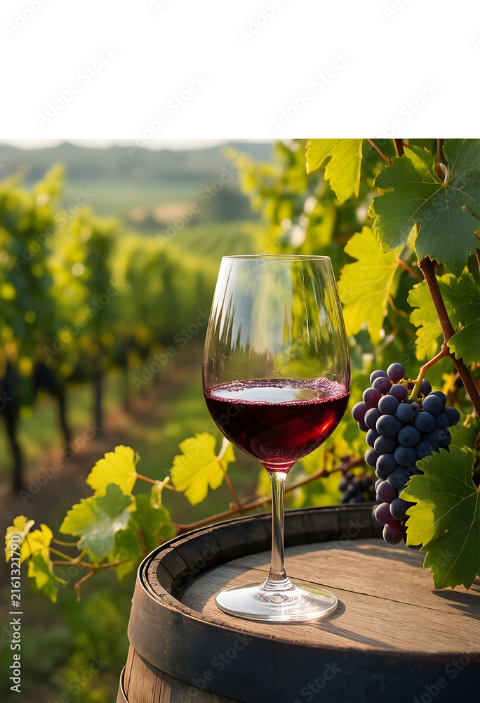 Fototapeta premium Wine tasting and vineyard experience, red wine glass on a barrel with fresh grapes in a sunny rural landscape