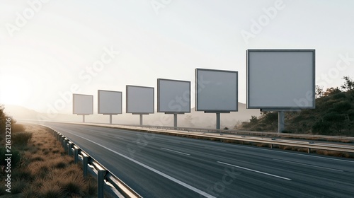 Row of blank roadside billboards for outdoor advertising mockup on a highway at sunset