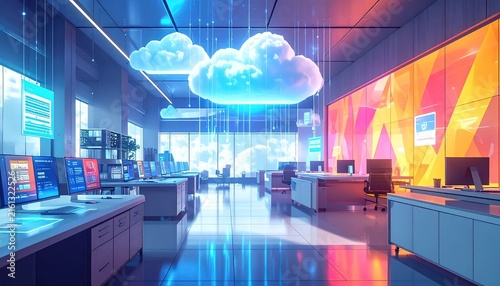 Futuristic Data Center Workspace with Cloud Holograms