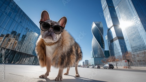 French bulldog wearing sunglasses and fur coat in city