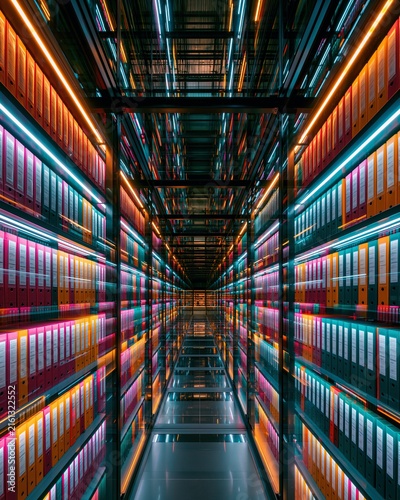 Modern digital archive hall with rows of colorful server racks and data storage systems.