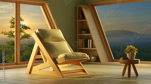 Minimalist reading room interior with wooden lounge chair and scenic mountain view.