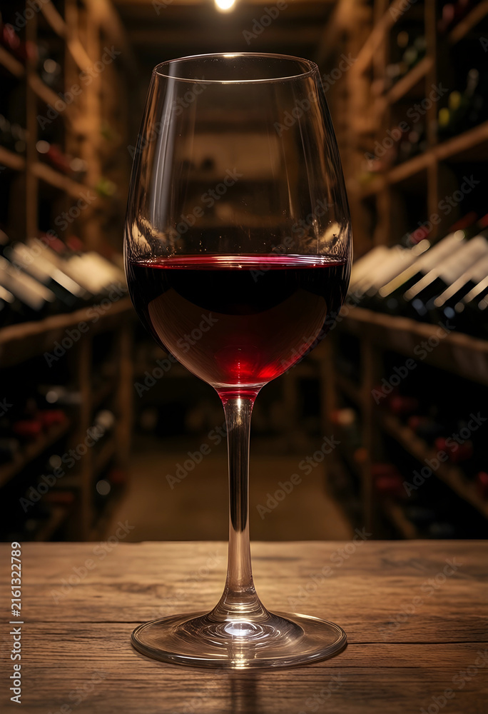 Naklejka premium Wine tasting and cellar experience, red wine glass on a rustic wooden table with blurred bottles