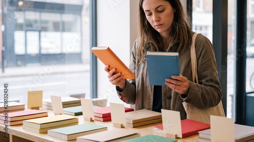 Young woman comparing two hardcover books in a modern bookstore