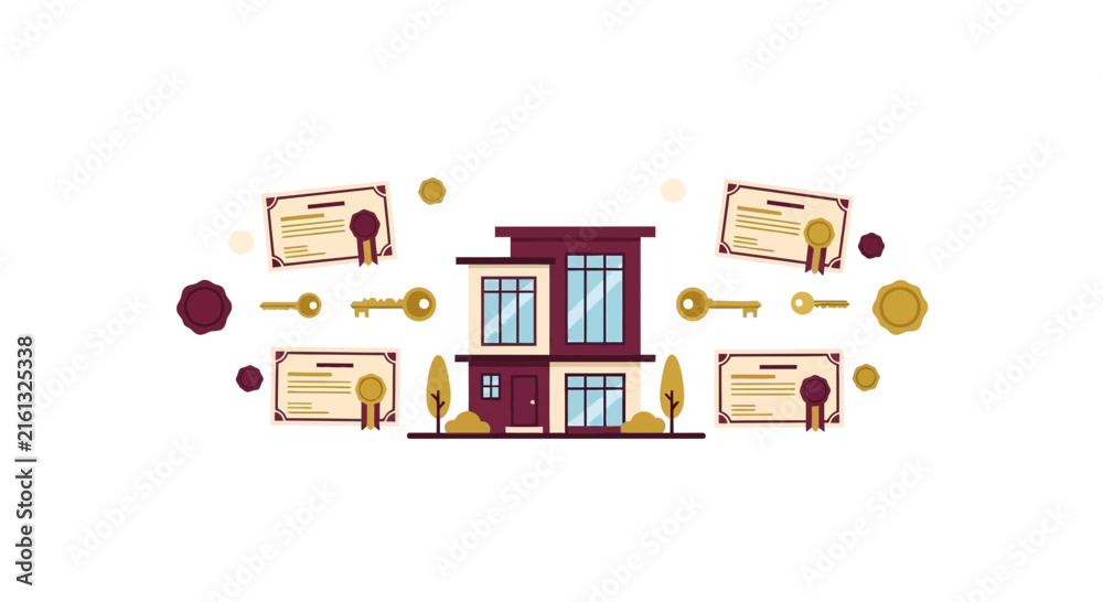 Fototapeta premium Real Estate Property Ownership Illustration with Modern House, Legal Deeds, and Gold Keys