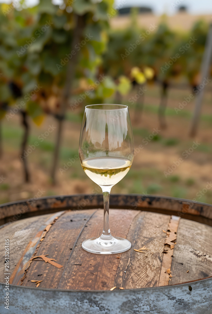 Naklejka premium Wine tasting experience in a vineyard, white wine glass on a rustic barrel, viticulture and winemaking industry