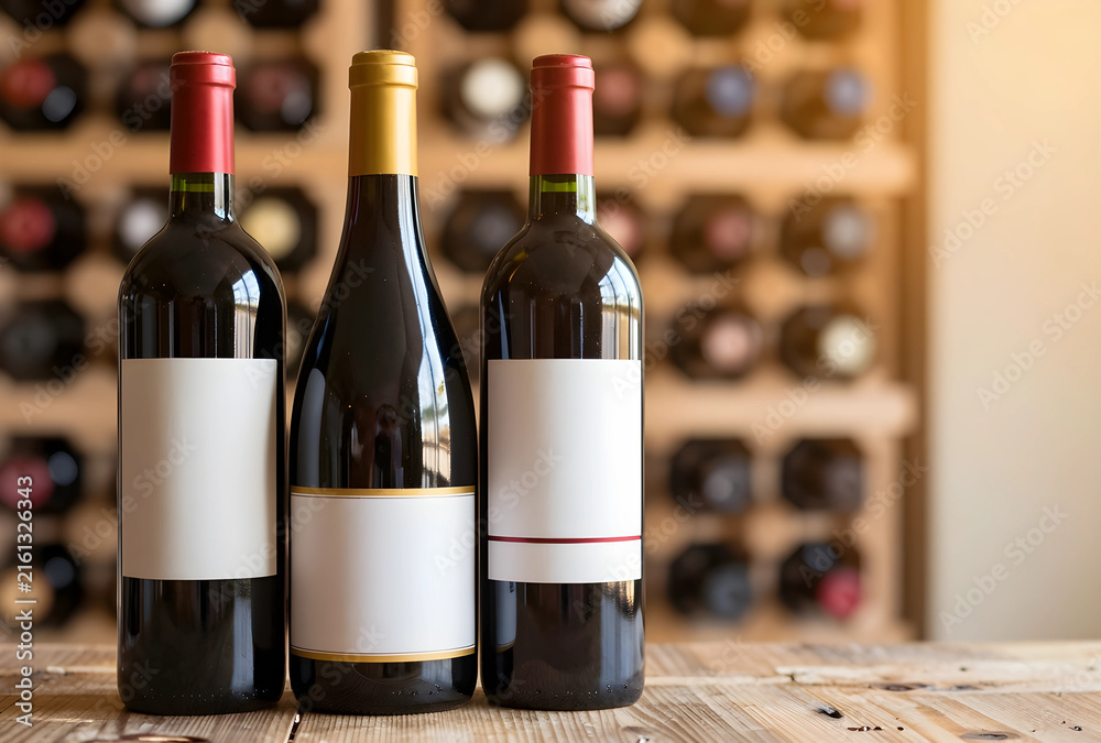 Naklejka premium Wine tasting and cellar storage, three red wine bottles with blank labels on a rustic wooden table in a winery