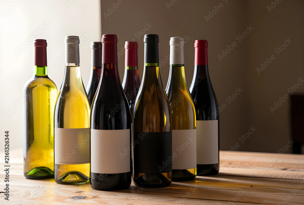 Naklejka premium Wine tasting and selection, various red and white wine bottles with blank labels on a rustic wooden table