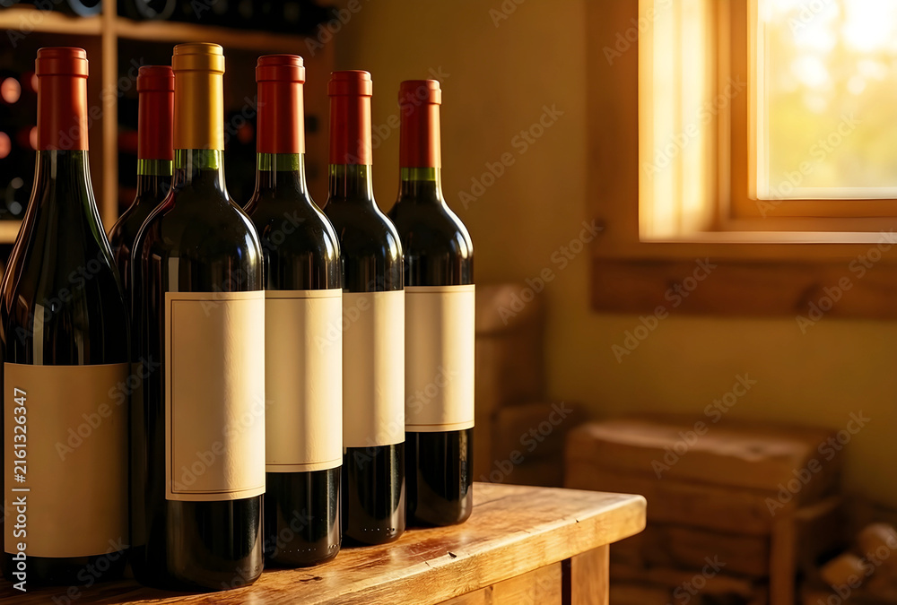 Naklejka premium Wine tasting and cellar storage, red wine bottles with blank labels on a rustic wooden table in a warm setting