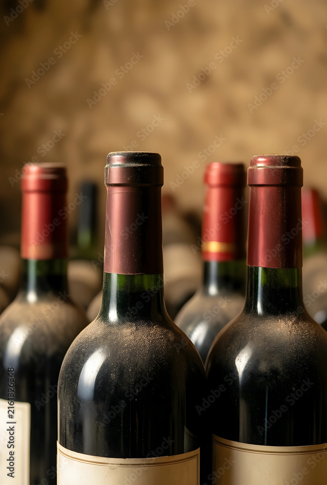 Naklejka premium Wine cellar aging and vintage wine collection, dusty red wine bottles in a traditional underground storage