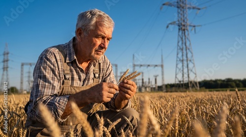 Senior farmer inspecting wheat crop in golden field. Agricultural worker examining grain harvest. Rural farming scene with power lines.