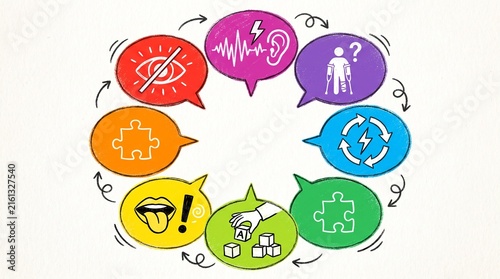 Inclusive accessibility icons in colorful speech bubbles, disability awareness symbols for neurodiversity and physical impairment, healthcare communication concept