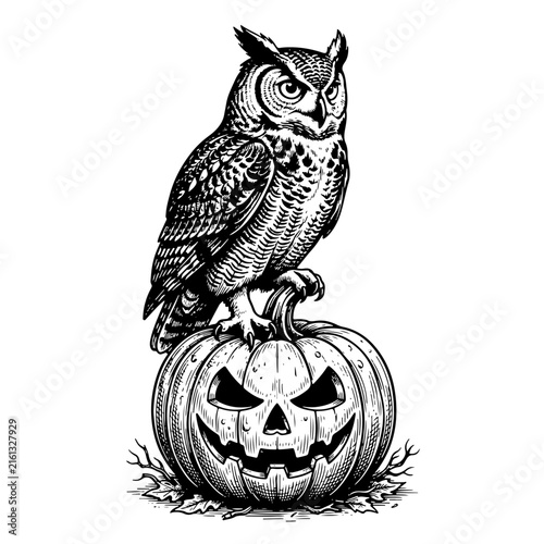 Hand-drawn Halloween Owl Perched on Spooky Carved Pumpkin Illustration for Autumn and Holiday Design