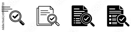 Foto Assess icon set in black and white styles for evaluation, testing, review, analysis, and decisions UI