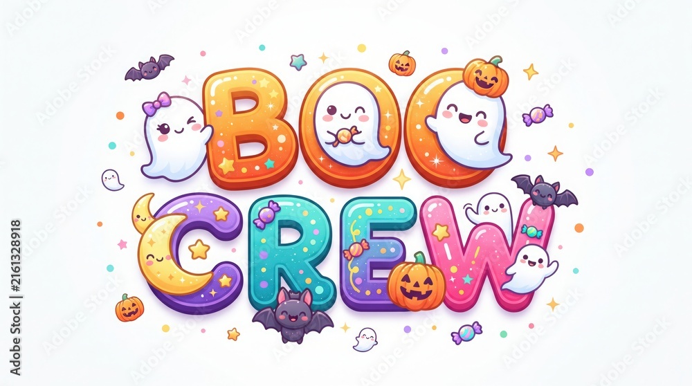 Fototapeta premium Colorful cartoon ghosts spelling boo crew halloween