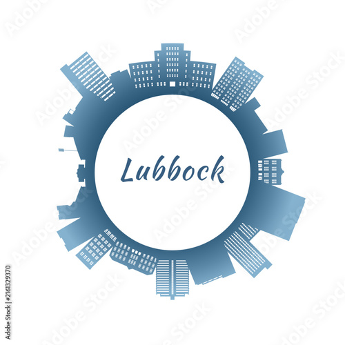 Lubbock skyline with colorful buildings. Circular style. Stock vector illustration.