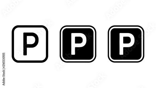 Three parking signs with letter P in different styles white black and bold for traffic guidance and urban planning