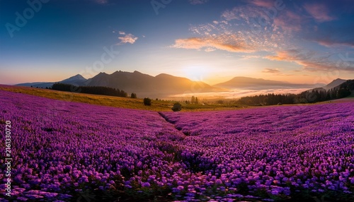 a serene landscape of a vast field of purple flowers at sunrise
