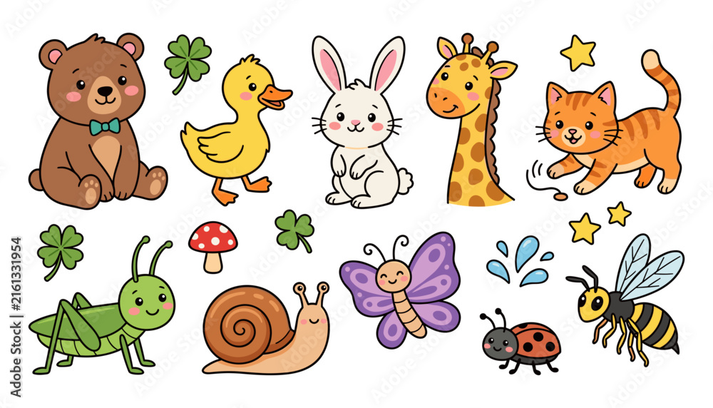 Naklejka premium Cute cartoon animals and insects sticker vector set featuring sweet baby bear duckling bunny rabbit giraffe kitten grasshopper snail butterfly ladybug and honey bee characters.