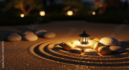 Tranquil Zen Garden With Lantern Illumination Evening Ambiance