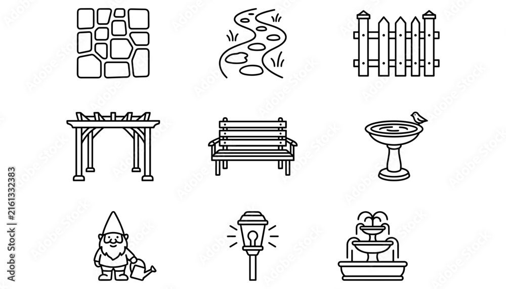 Fototapeta premium Garden and Backyard Landscaping Elements Line Icon Set Featuring Bench, Fountain, Fence, Path, Pergola, Lantern, Birdbath, and Gnome Vectors for Exterior Design