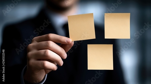 Professional business person holding three blank sticky notes for strategy planning and corporate communication concepts