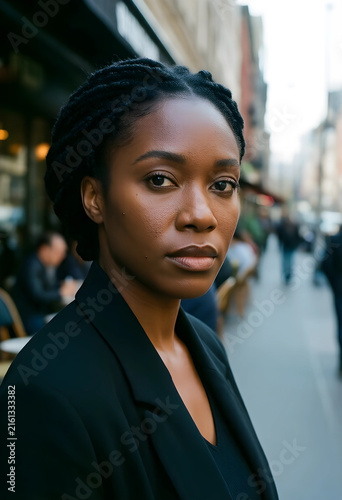 Confident african american woman with braided hair urban street portrait diversity and inclusion concept serious expression