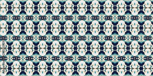 Foto A sophisticated symmetric pattern showcasing repeating deep blue, teal, and white vertical panels with ornate traditional motifs