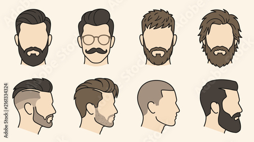 Set of male hairstyles and beard profile illustrations for avatars and portraits.